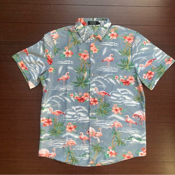 SSLR Hawaiian Shirt Flamingos Mens Medium Button Down Aloha Blue Pink - Picture 1 of 3